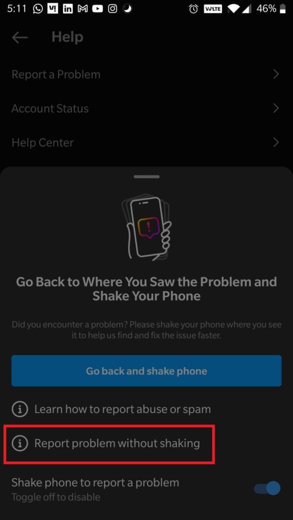 Report problem without shaking
