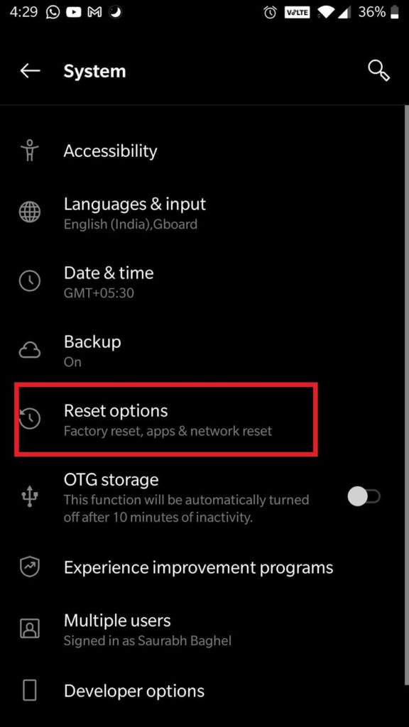 reset option