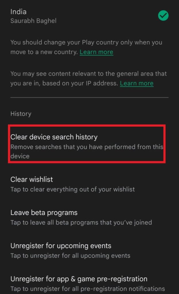 Clear device search history option