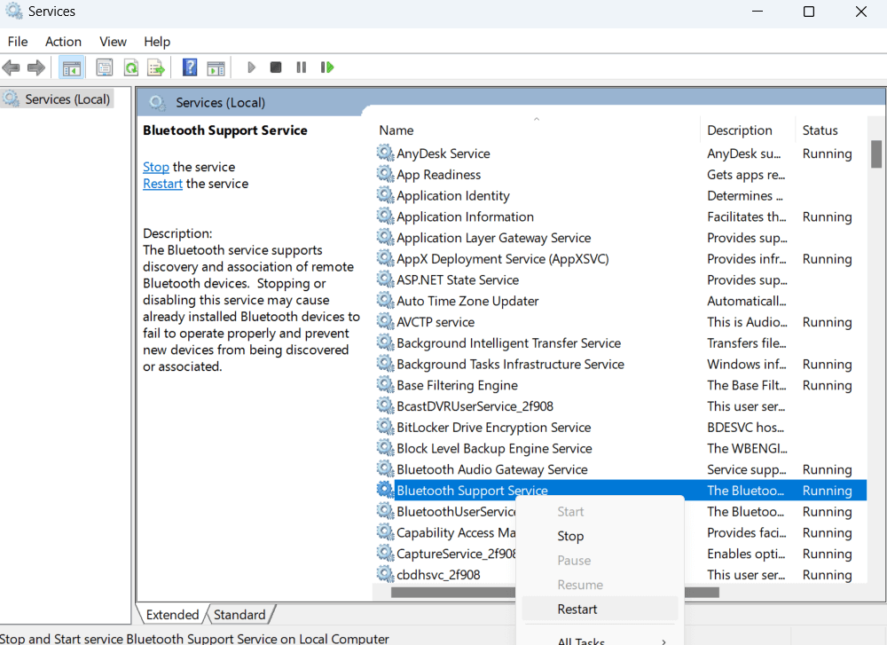 Restart Bluetooth Service