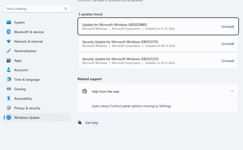 Uninstall updates window