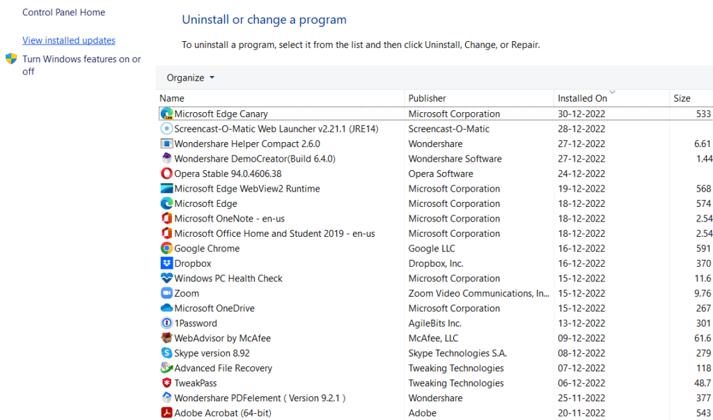 View installed updates