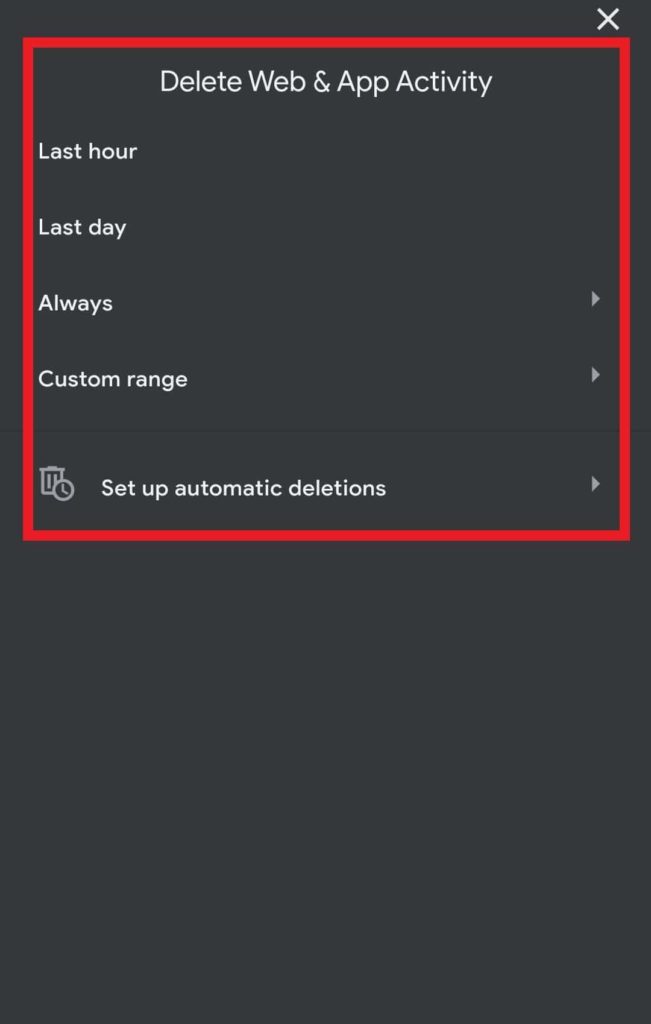 delete all your web & app activity