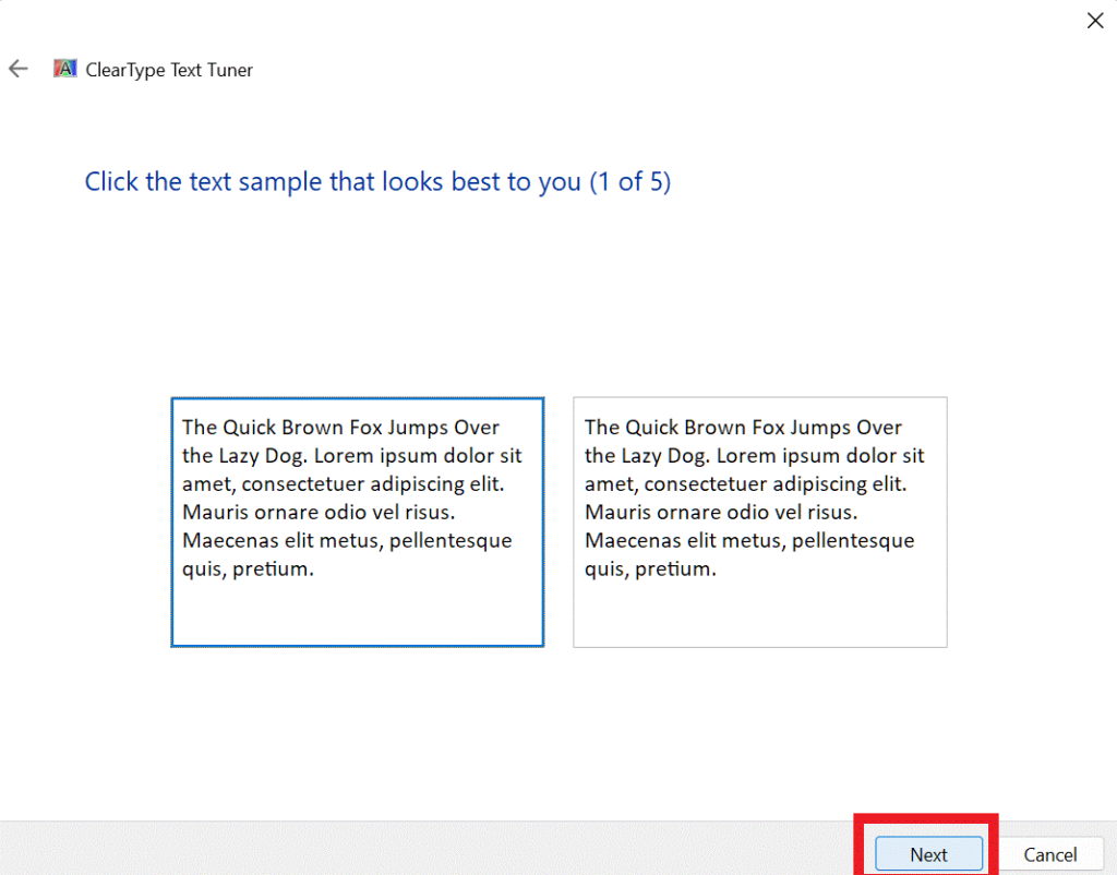 ClearType Text Tuner screen