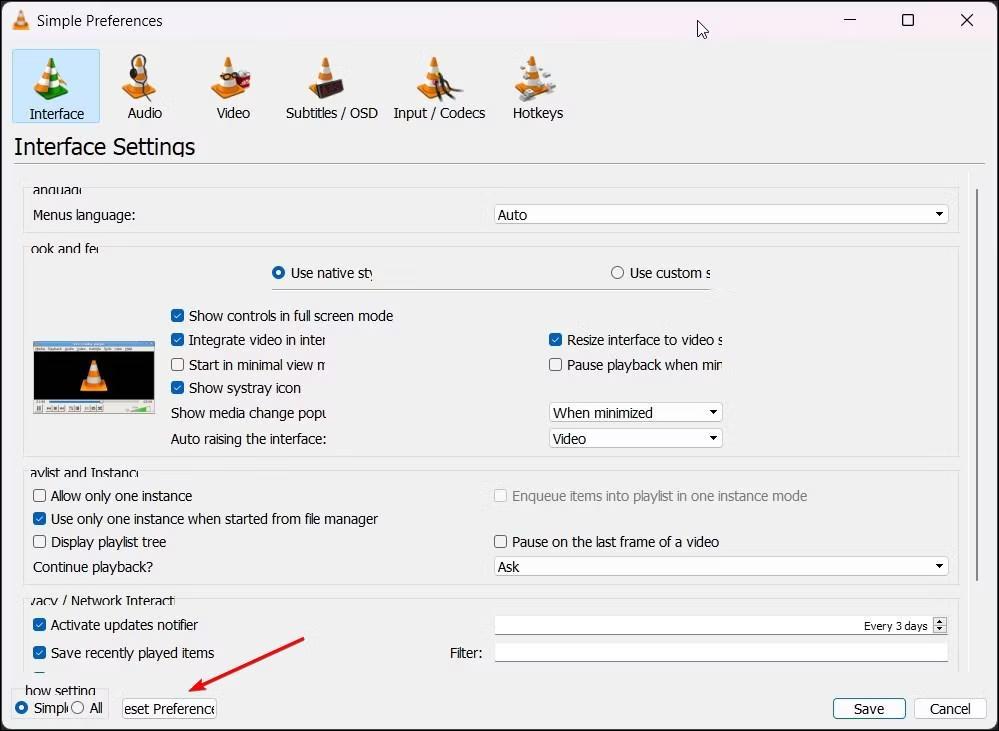 Reset Preferences