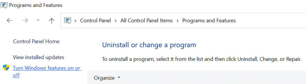 Turn Windows features on or off