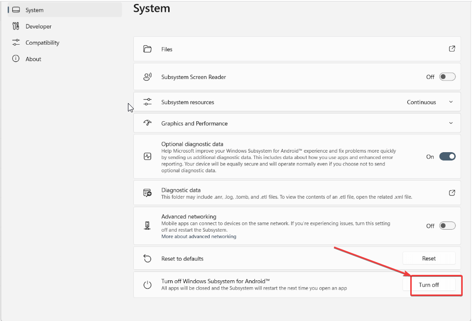 Turn off Windows Subsystem for Android