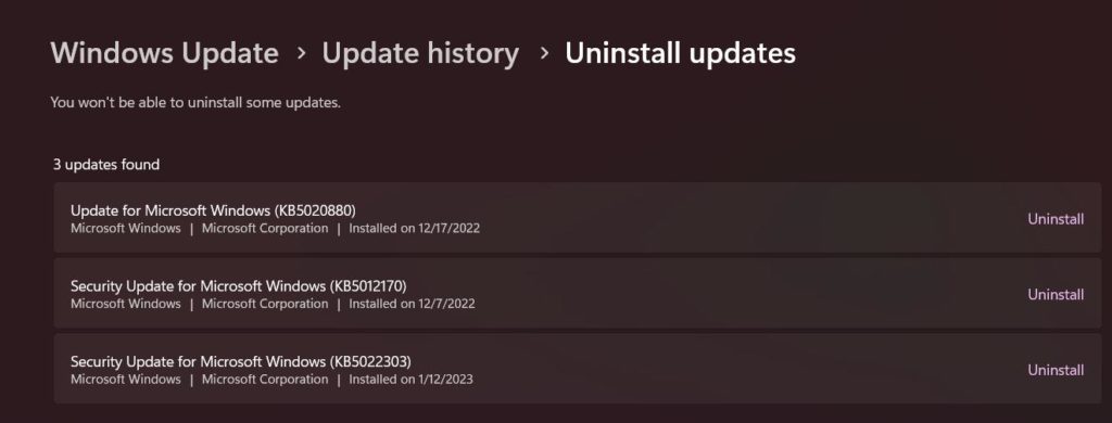 Uninstall Updates