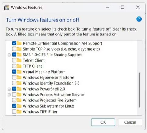 Windows Features popup box