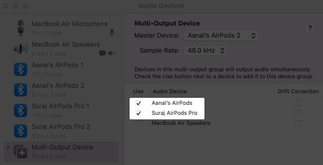 corresponding checkboxes