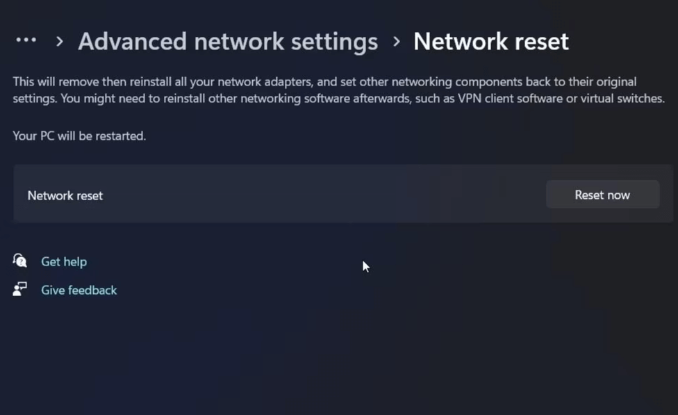 select Reset Now