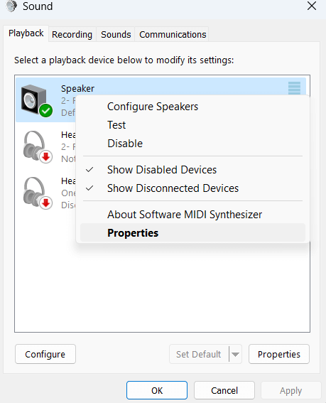 select sound Properties