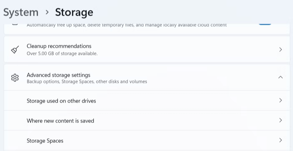 Advanced storage settings