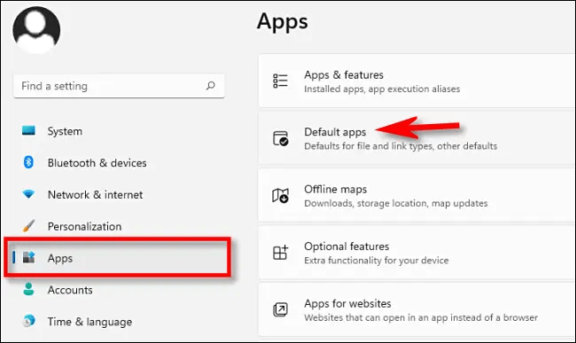 Default Apps in the right panel