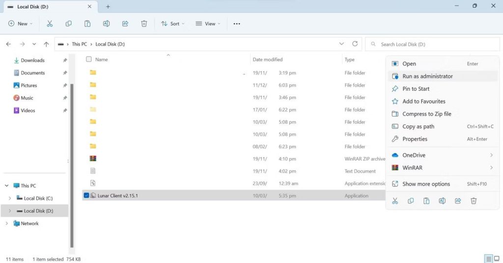 Lunar Client in administrator mode