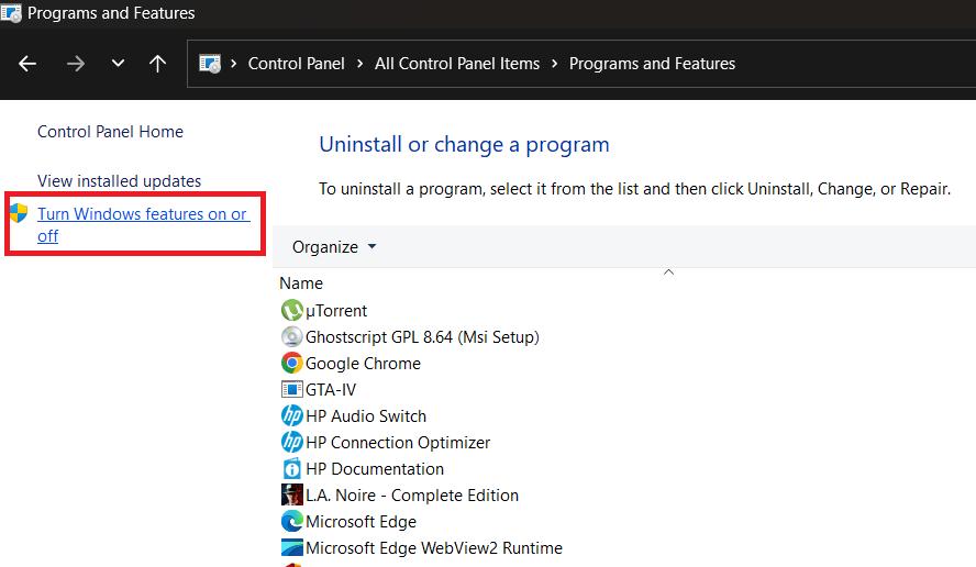 windows program and features