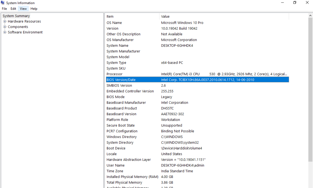 locate BIOS Version
