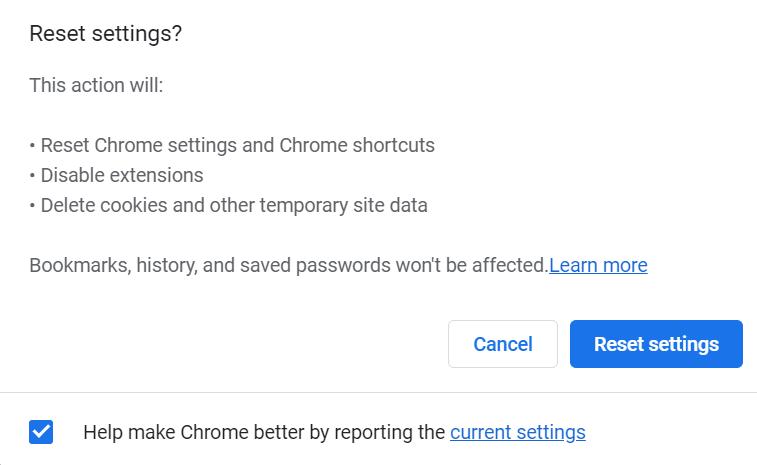 Reset settings