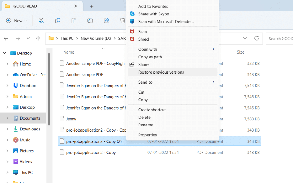 Restore previous versions