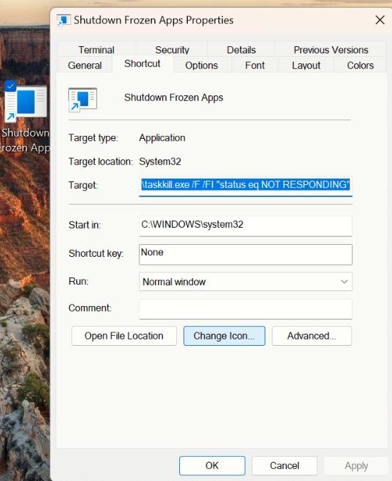 Shutdown Frozen Apps properties