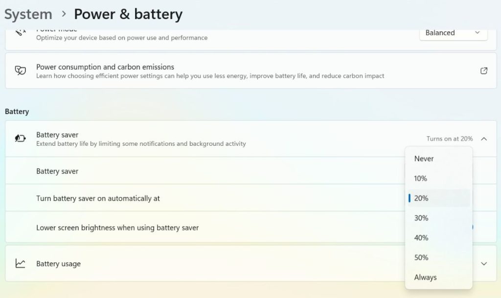 Turn battery saver on automatically