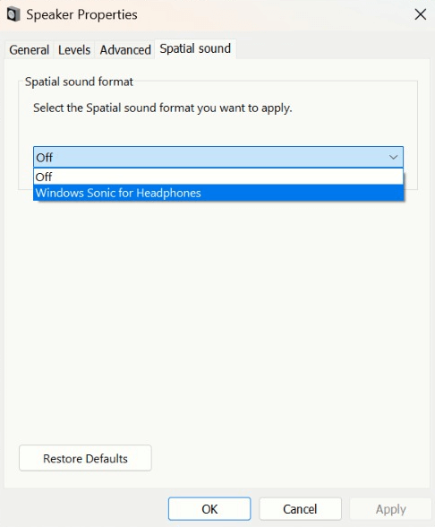 choose Windows Sonic for Headphones