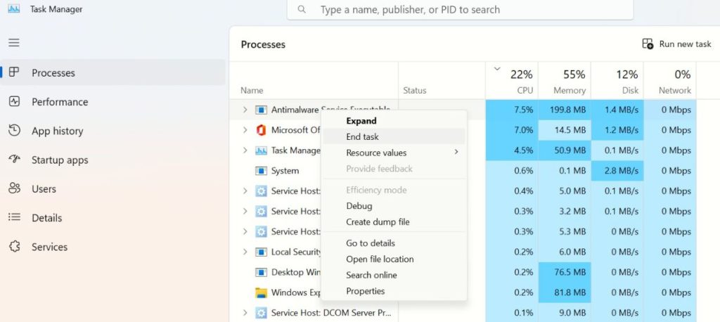 click on End Task