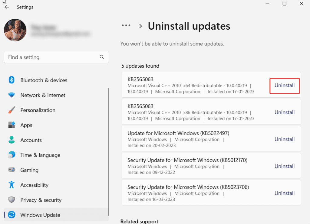 click on uninstall updates