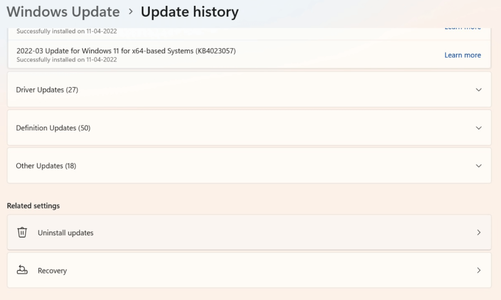 find Uninstall Updates