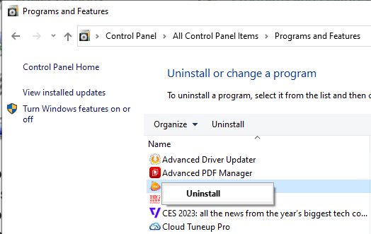 program and choose Uninstall