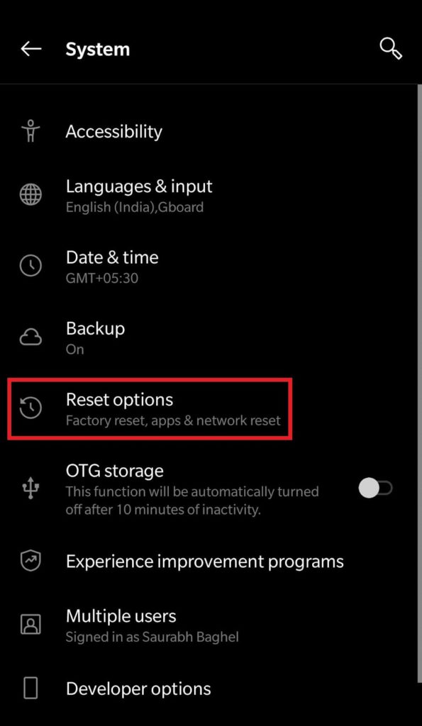 reset options