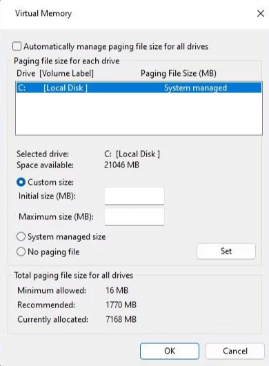 Automatically manage paging file