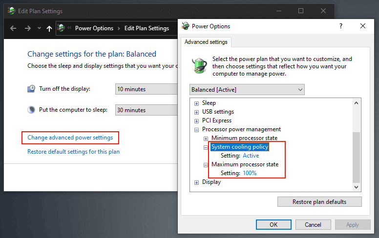 Change advanced power settings