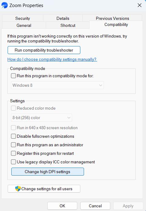 Change high DPI settings