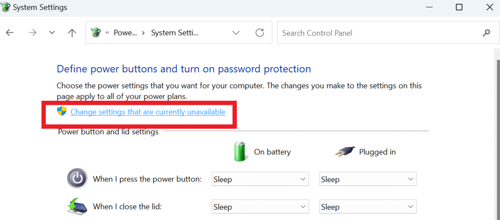 Change the settings that are currently unavailable