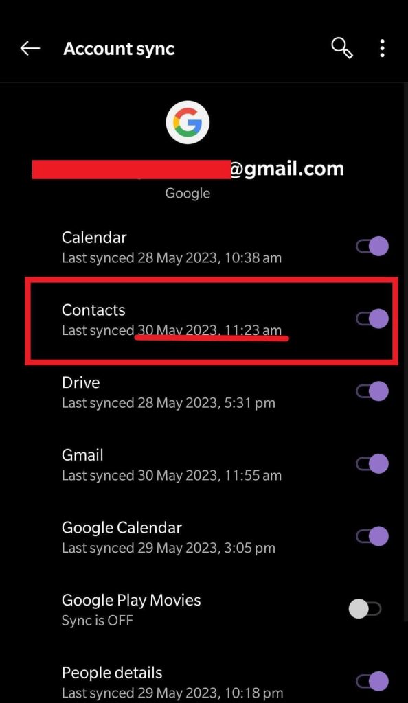 Contacts toggle is enabled