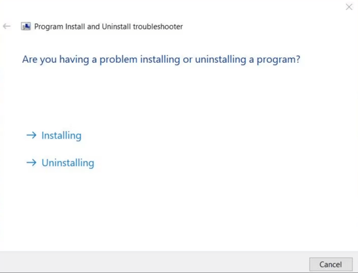 Installing option in the troubleshooter