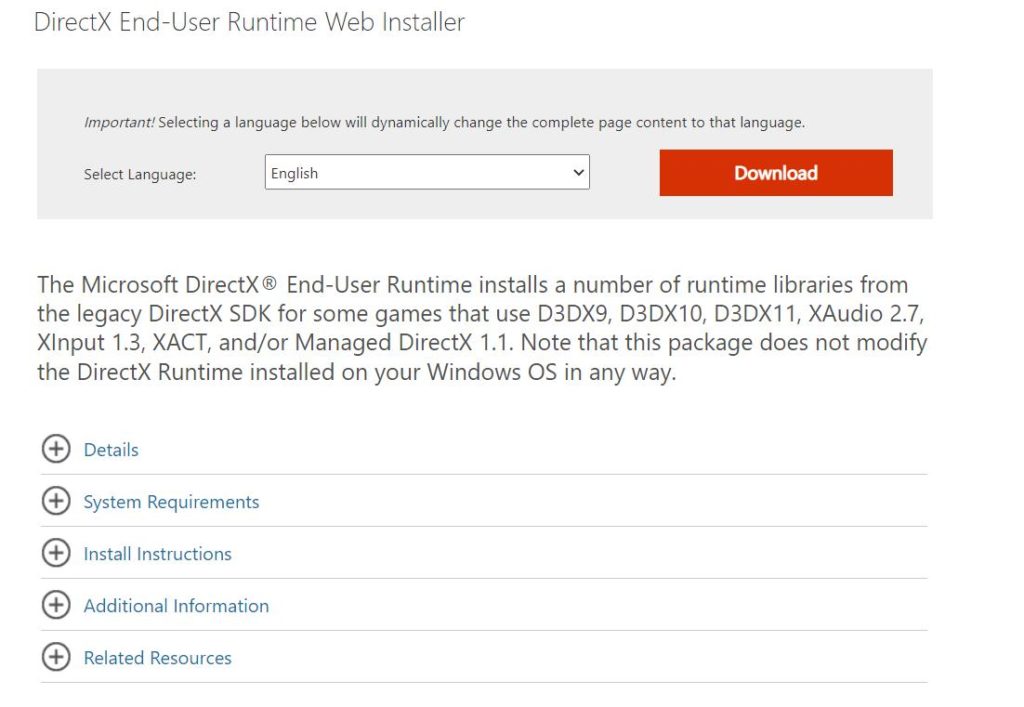 Microsoft DirectX End-User Runtime Web Installer website