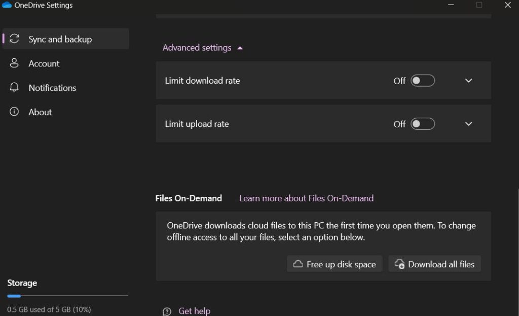 OneDrive settings