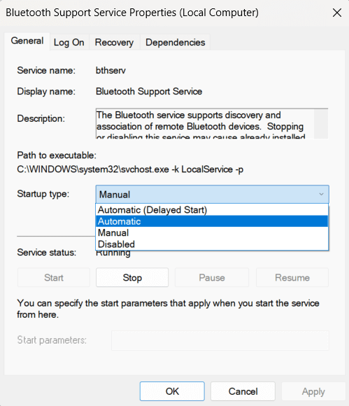 Startup type section