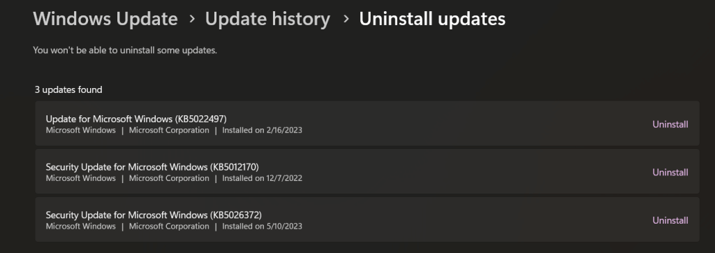 Uninstall Updates