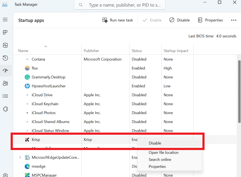 app in the Status column