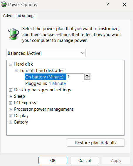 click Change advanced power settings