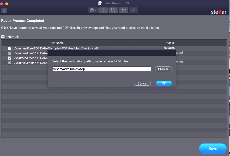 repaired PDF at a desired location