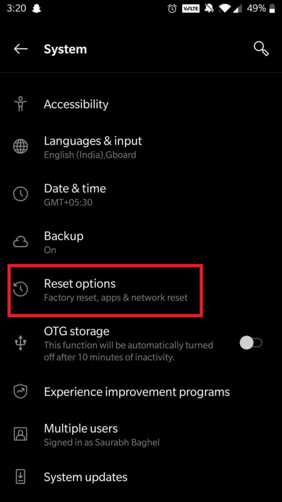 reset option