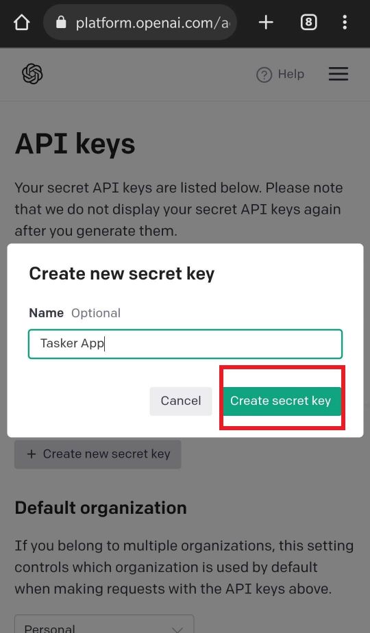 Create secret key button