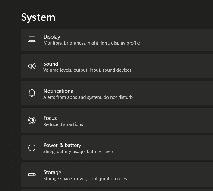 Settings menu