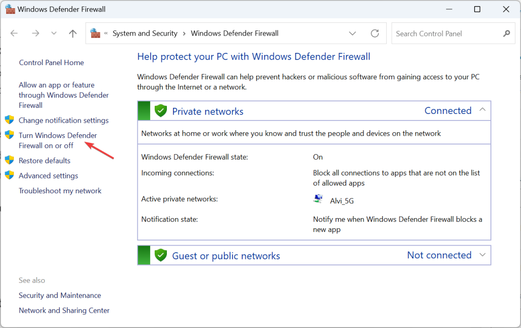 Turn Windows Defender Firewall
