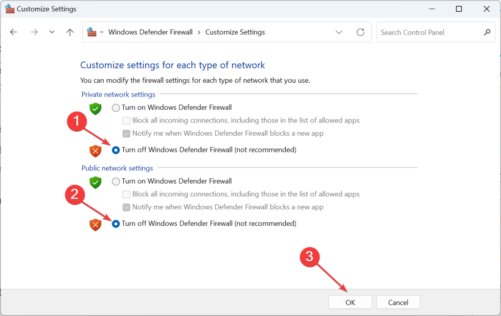 Turn off Windows Defender Firewall
