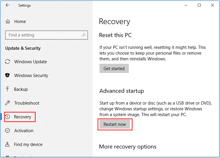 Update & Security followed by Recovery
